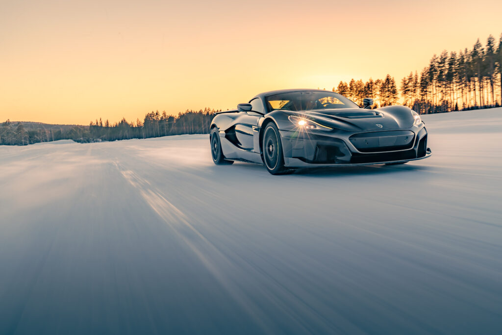 Croatian company Rimac tries out new winter tires for its electric hypercar, the Nevera, at Pirelli's test facility