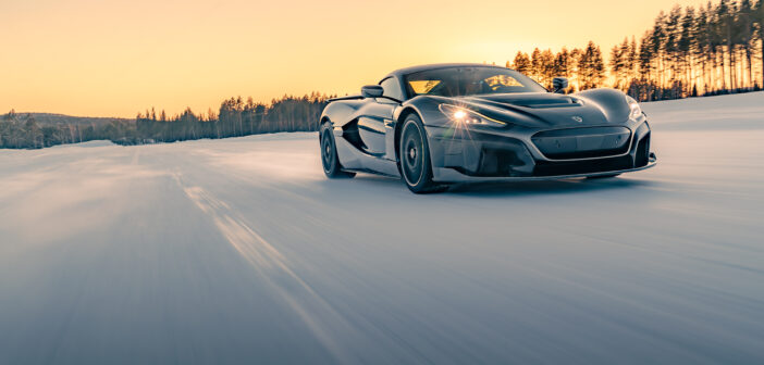 Croatian company Rimac tries out new winter tires for its electric hypercar, the Nevera, at Pirelli's test facility