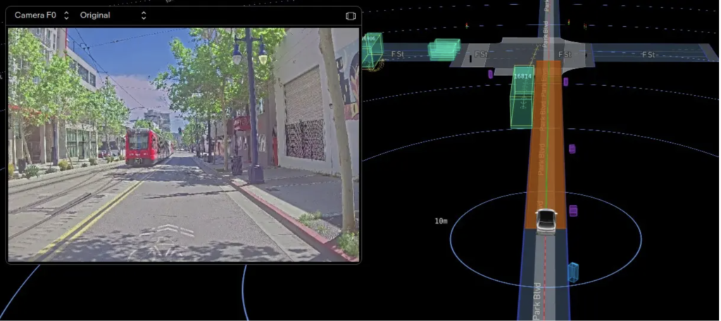 Image showing how a Motional AV identified and correctly classified one of San Diego’s iconic Trolleys during a recent test drive