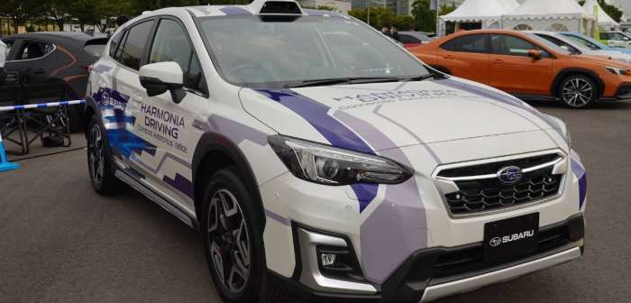 Subaru's Harmonia Drive test vehicle equipped with six additional cameras (eight cameras total) around the vehicle, and an InnovizOne lidar sensor on the roof