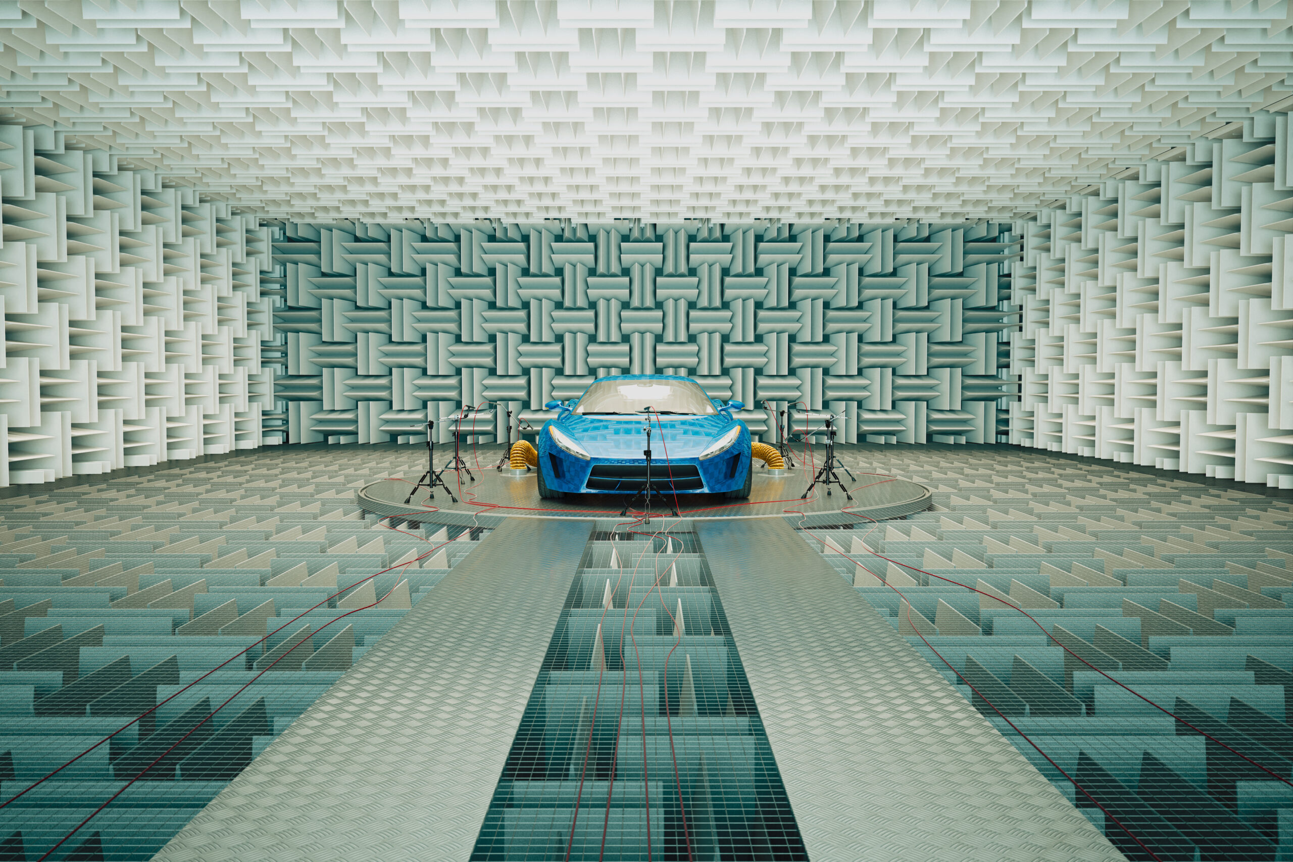 An advanced acoustic testing facility provides the backdrop for a sleek blue sports car being tested for sound dampening and performance optimization