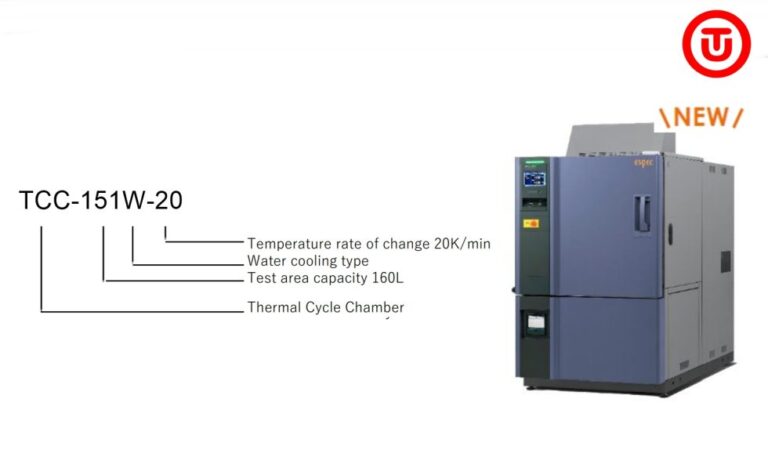 The TCC-151W-20 from ESPEC, with three annotations highlighting its specifications.