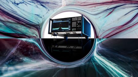 Rohde & Schwarz unveils FSWX signal analyzer with innovative multi-path architecture, shown here in the middle of a circle, with wavy lines of light around the outside.