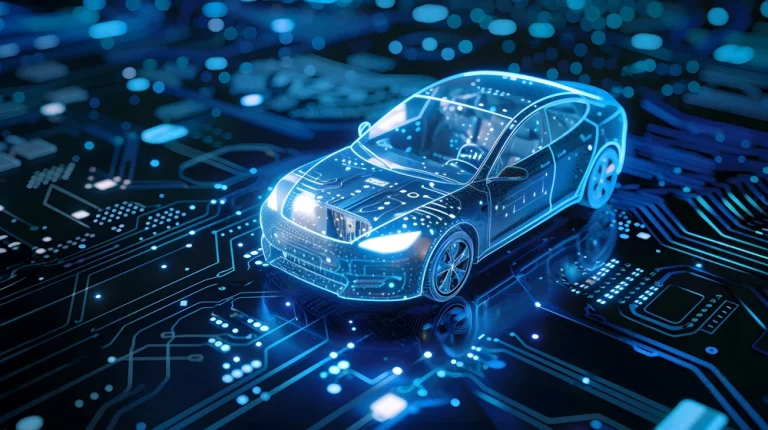 A diagram of the internal workings of an automobile sits atop a blue-neon-lit digital landscape.