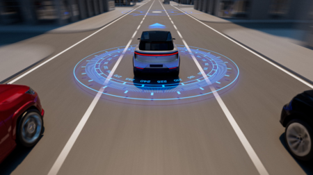 A diagram of an autonomous vehicle on a highway with blue lights demonstrating its connectivity and sensors