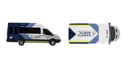 Aurrigo's nine-seater passenger Auto-Shuttle viewed in profile and from the top against a white background