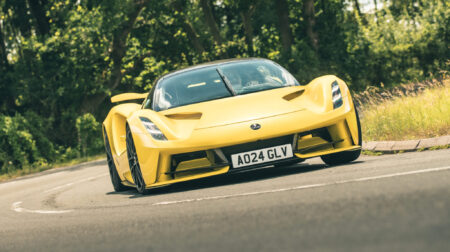 Lotus Evija sets new performance records A yellow Lotus Evija being put through its paces as part of a test and development program on a quiet rural road