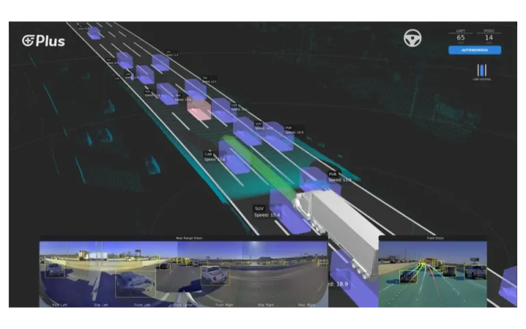 A computer visualization of an autonomous driving software, with various vehicles on a highway and a corner image featuring real-life camera footage