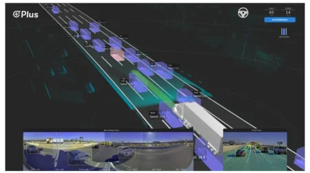 PlusAI announces KPIs for commercial readiness A computer visualization of an autonomous driving software, with various vehicles on a highway and a corner image featuring real-life camera footage