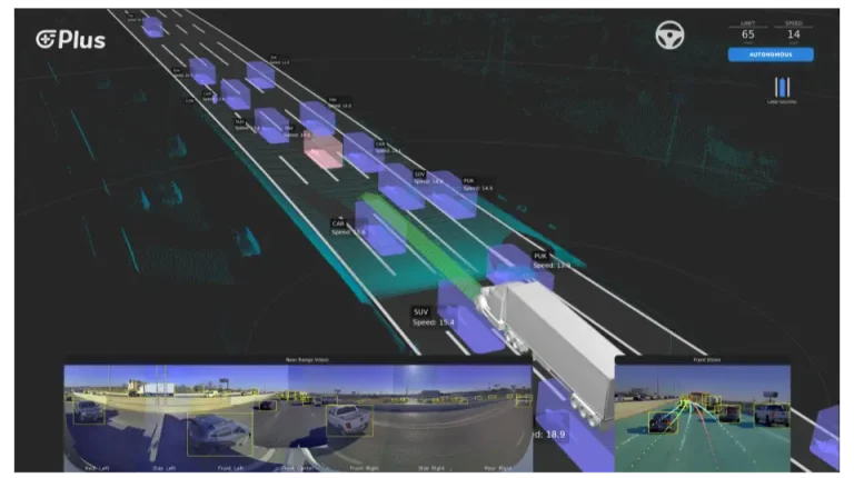 A computer visualization of an autonomous driving software, with various vehicles on a highway and a corner image featuring real-life camera footage