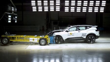 A vehicle conducting a crash test in a laboratory setting