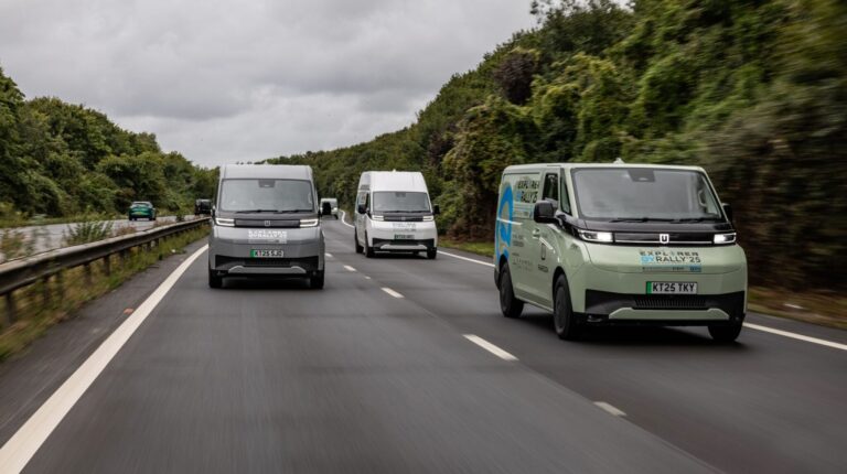The Farizon SV drives along a UK road in the 1,000-mile Greenfleet Explorer EV Rally