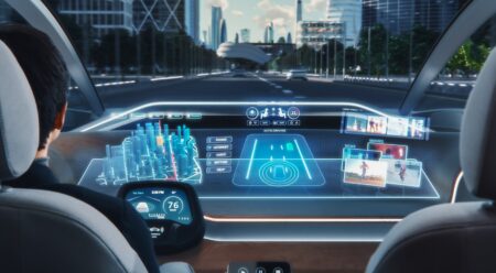 Early fault detection in ADAS through simulation A vehicle cockpit with information displayed by HUD systems and dash screens