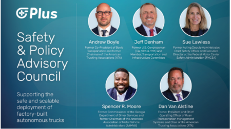 Five members of the new PlusAI Safety and Policy Advisory Council shown in headshot with teh company logo on the left hand side against a teal-colored background