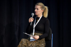 ATTI editor Rachel Evans does an onstage interview with Partha Goswami, principal of PG Mobility in the Future of Automotive Testing Conference at Automotive Testing Expo North America 2025.