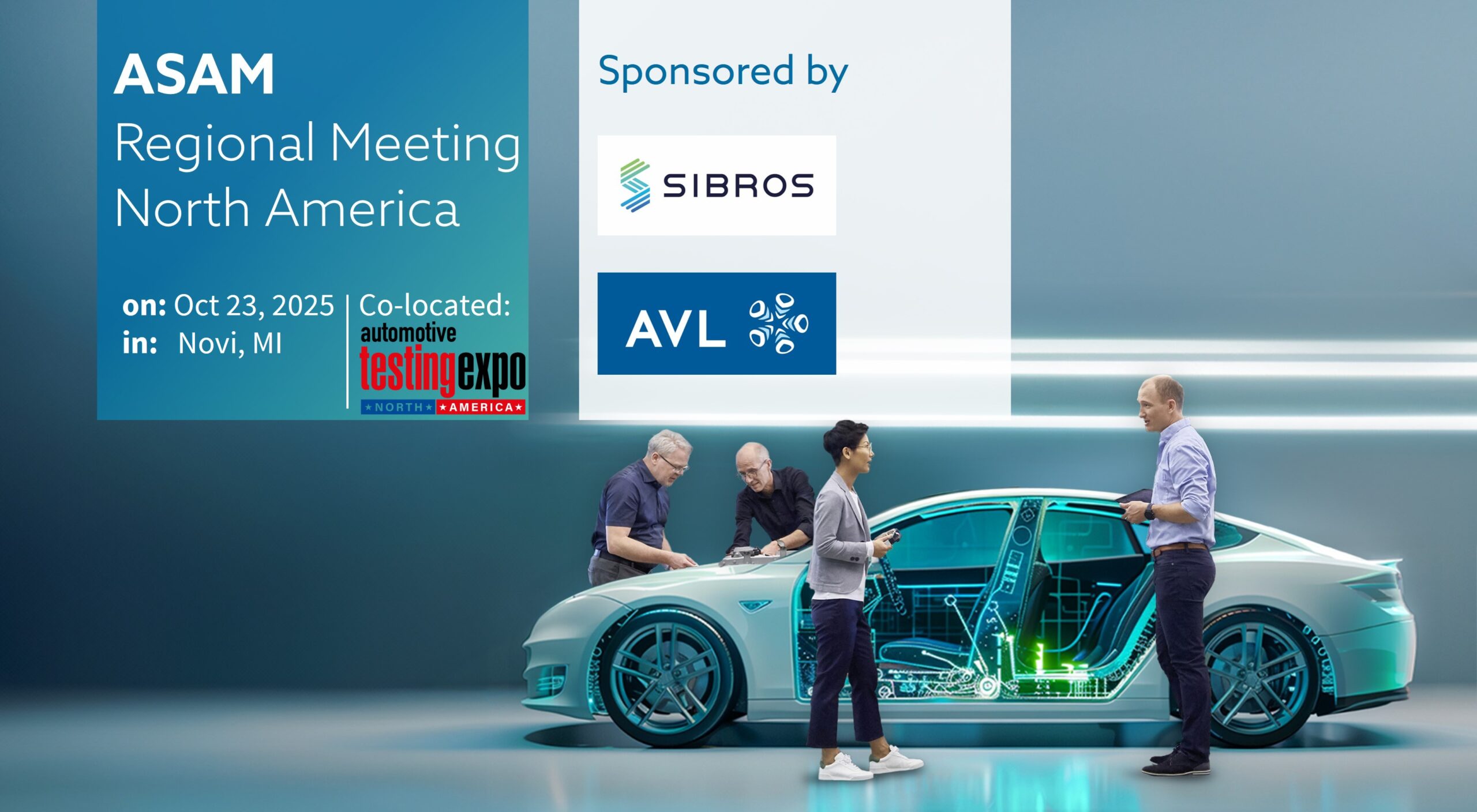 Announcement image for ASAM's Regional Meeting North America, with two people standing beside a car with the doors open, in a laboratory-looking indoor environment