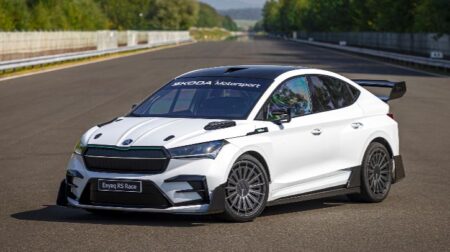 Škoda teases sustainable production car technologies with Enyaq RS Race concept car.