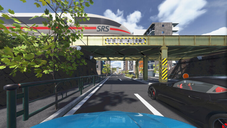 Simulation of a road with two cars about to go under a bridge on which there is a train