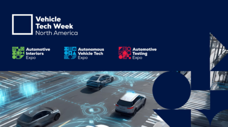 The logos for Vehicle Test Week North America and its three constituent exhibitions, Automotive Interiors Expo (in green), Autonomous Vehicle Tech Expo (in blue) and Automotive Testing Expo (in red), above an illustration of vehicles of the future on an urban street