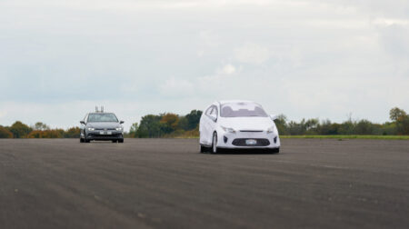 AB Dynamics launches platform capable of meeting Euro NCAP’s new high-speed tests A car approaches the GST 120 Plus in a track test.