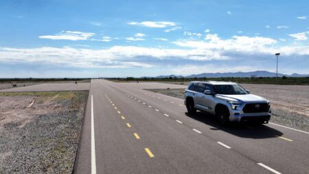 New testing infrastructure opens at Toyota Arizona Proving Ground A Toyota SUV on the new pass-by noise track at the Arizona Proving Grounds.