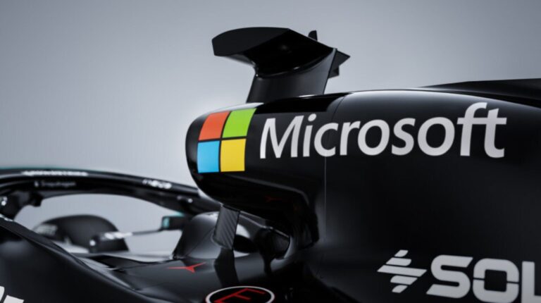 Mercedes-AMG Petronas F1 to use Microsoft cloud and enterprise AI technologies to enhance racing performance Microsoft Logo on Mercedes-AMG Petronas Formula 1 Car