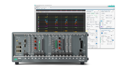 PXI-based test system featuring new NI PXIe-1081 chassis, NI PXIe-8842 embedded controller, and NI PXIe-5108 Oscilloscope for software-driven mixed-signal measurements with InstrumentStudio.