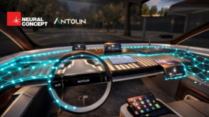 An automobile dash with a range of touchscreen displays and neon lights conveying how AI can assist in their design.