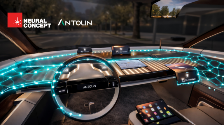 Antolin integrates Neural Concept’s AI engineering solutions to advance interior design An automobile dash with a range of touchscreen displays and neon lights conveying how AI can assist in their design.