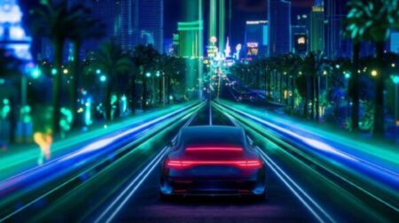 A neon coloured illustration of an SDV in an urban environment.