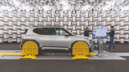The Kia EV2 undergoes NVH testing in a laboratory environment.