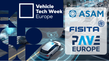 Vehicle Tech Week Europe logo and company logos for ASAM, FISITA and PAVE Europe on an image depicting a city street of connected vehicles and infrastructure.