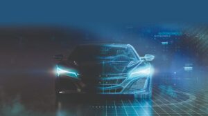 A 3D illustration of a futuristic sports car wireframe intersection.