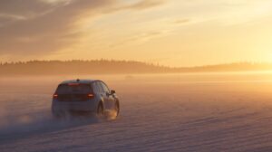 An RV Tech vehicle undergoes winter testing, driving across a snow covered landscape with a low sun in the sky in the distance.