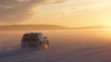 An RV Tech vehicle undergoes winter testing, driving across a snow covered landscape with a low sun in the sky in the distance.