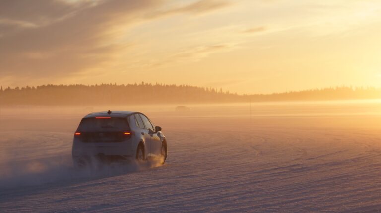 An RV Tech vehicle undergoes winter testing, driving across a snow covered landscape with a low sun in the sky in the distance.