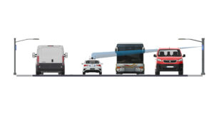 An illustration of a van, a truck, an SUV and a small car driving side-by-side on a road. They are communicating with roadside antennas.