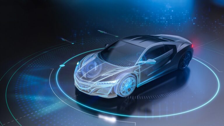 3D illustration of a futuristic sports car technology concept with wireframe intersection.