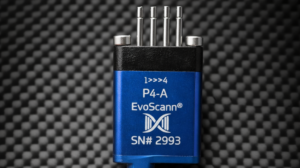 The Evolution ultra-compact EvoScann P4-A pressure sensor. It has a blue and black exterior, white writing, and is on a black background.