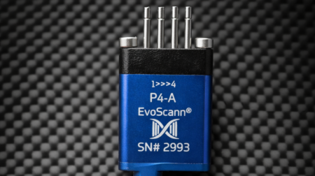 Evolution unveils ultra-compact EvoScann P4-A pressure sensor for on-vehicle aerodynamic testing The Evolution ultra-compact EvoScann P4-A pressure sensor. It has a blue and black exterior, white writing, and is on a black background.