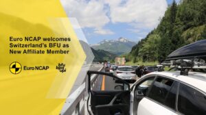 Euro NCAP and Swiss Council for Accident Prevention (BFU) logos on a yellow background on top of an image depicting a road running through a rural landscape in Switzerland.