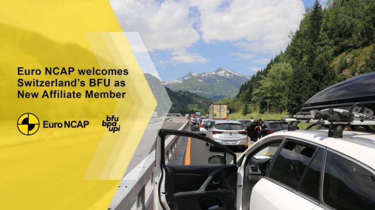 Euro NCAP and Swiss Council for Accident Prevention (BFU) logos on a yellow background on top of an image depicting a road running through a rural landscape in Switzerland.
