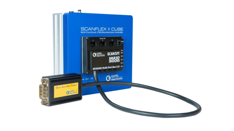 The Göpel Scanflex with CAN-FD/LIN module. It is grey and blue and has black cables.