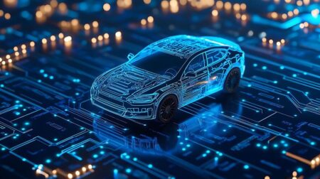 Digital representation of a car on a circuit board with blue and orange lights depicting software-defined vehicles.