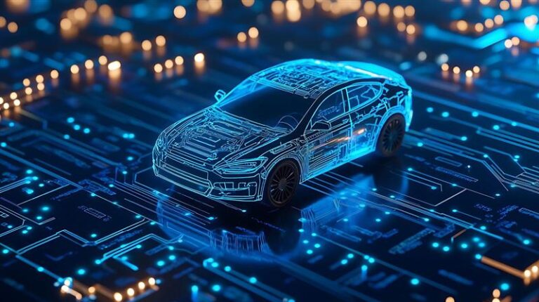 Digital representation of a car on a circuit board with blue and orange lights depicting software-defined vehicles.