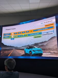 A large curved screen on stage presenting information at the Nissan presentation at the VI-Grade Smart Prototypes Summit.