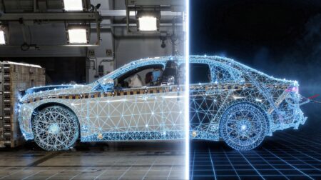 A vehicle undergoing a crash test with digital blue dots superimposed to show how the data from the tests are acquired.