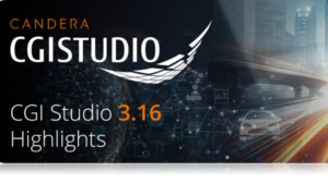 Candera Candera CGI Studio 3.16 logos on top of a stylised image of an urban environment and highway.