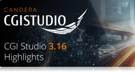 Candera Candera CGI Studio 3.16 logos on top of a stylised image of an urban environment and highway.