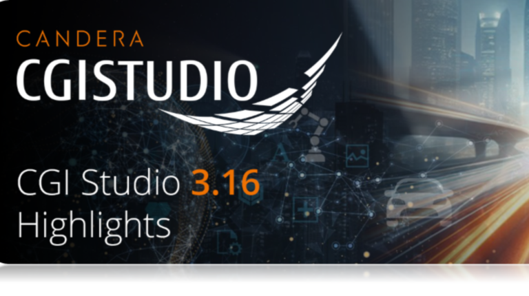 Candera Candera CGI Studio 3.16 logos on top of a stylised image of an urban environment and highway.